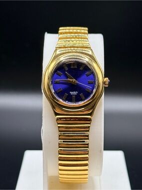 Vintage 1997 Swatch Irony Lady Gold Watch Blue Sunburst Dial Stretch Band